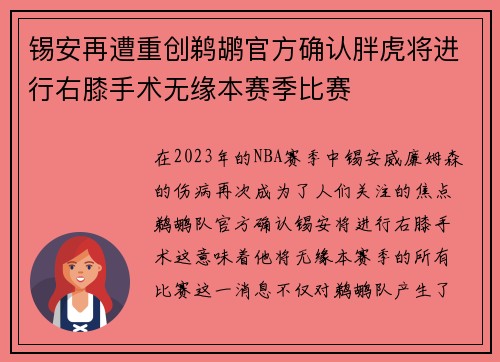 锡安再遭重创鹈鹕官方确认胖虎将进行右膝手术无缘本赛季比赛